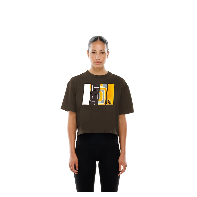 T-shirt boxy marron New Era pour femme avec logo métallisé des Padres de San Diego
