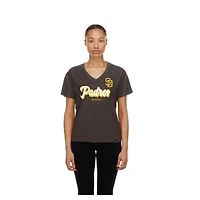 T-shirt à col en V marron New Era pour femmes, San Diego Padres