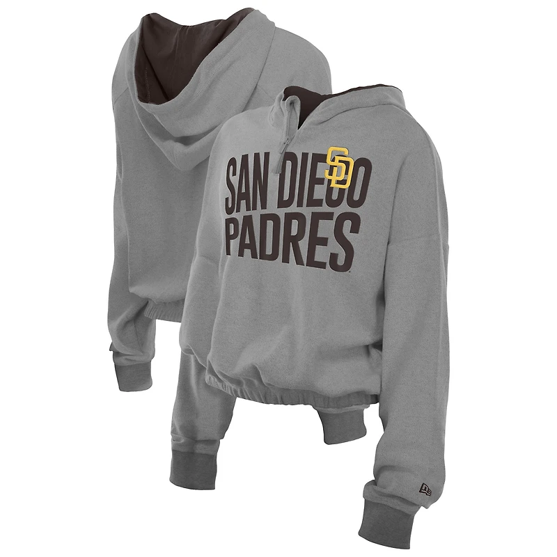 Sweat à capuche court bandes et fermeture éclair quart de tour New Era gris chiné pour femme des Padres San Diego, motif French Terry inversé