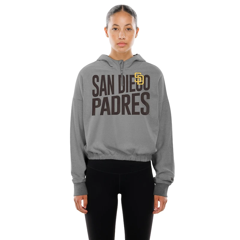 Women's New Era Heather Gray San Diego Padres Reversed Out French Terry Quarter-Zip Banded Crop Hoodie