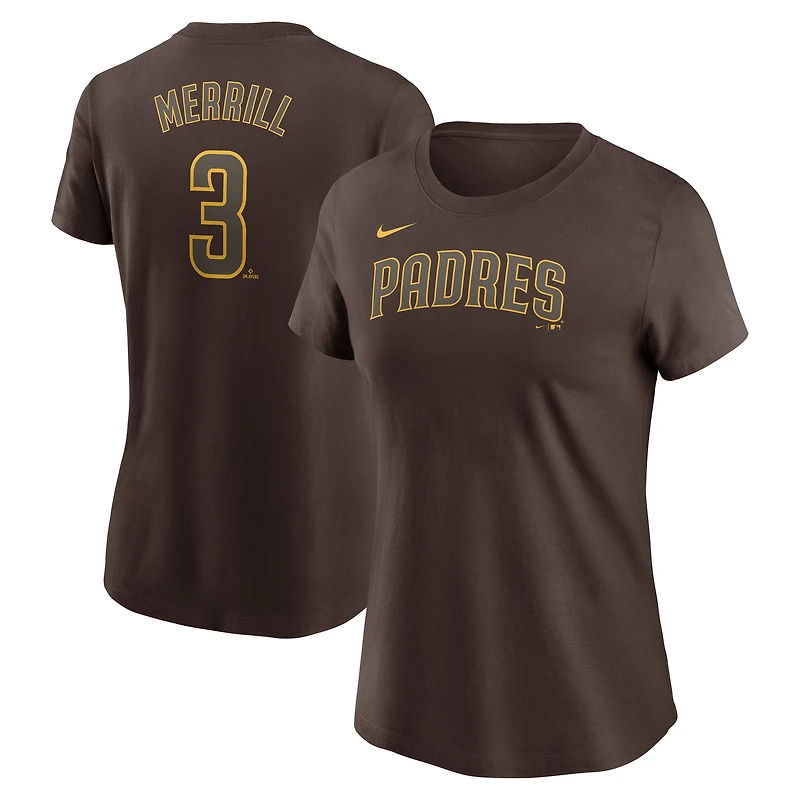 T-shirt Nike Jackson Merrill marron San Diego Padres Cooperstown Collection Fuse avec nom et numéro pour femme