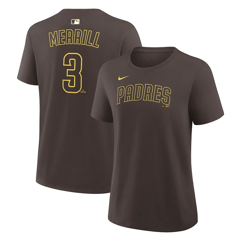 T-shirt Nike pour femme Jackson Merrill marron des Padres de San Diego, avec nom et numéro
