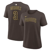T-shirt Nike pour femme Jackson Merrill marron des Padres de San Diego, avec nom et numéro