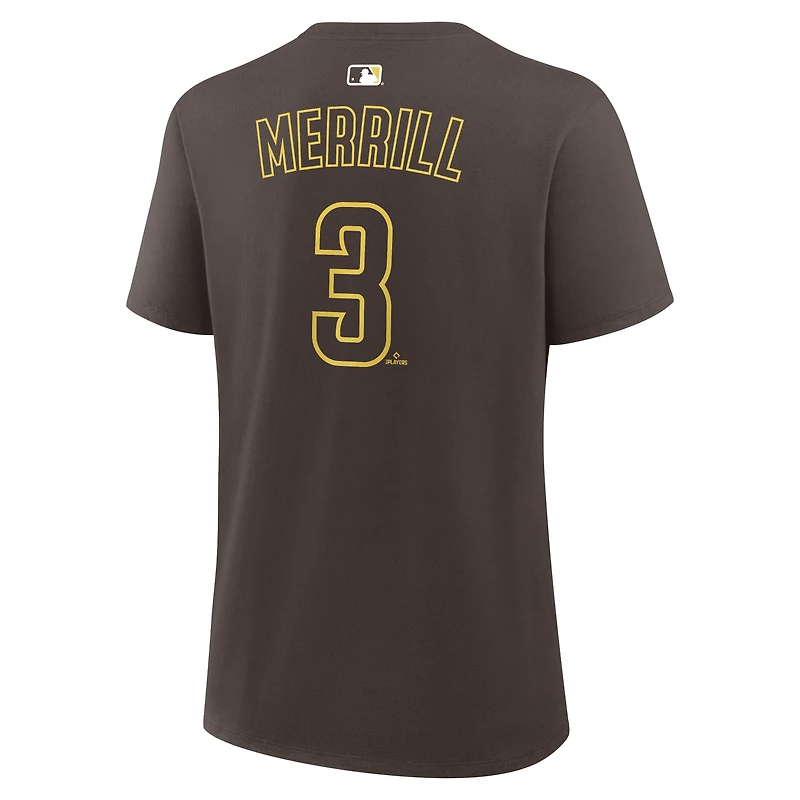 T-shirt Nike pour femme Jackson Merrill marron des Padres de San Diego, avec nom et numéro