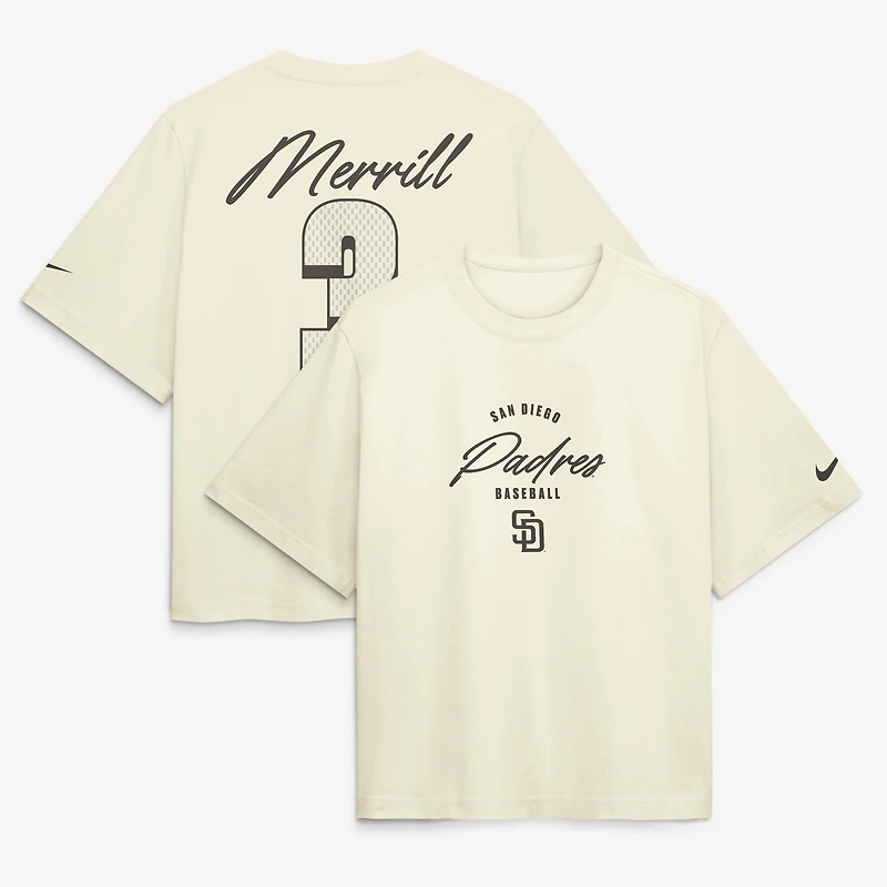T-shirt Nike Jackson Merrill crème San Diego Padres Premium Essentials Boxy avec nom et numéro pour femme