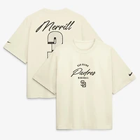 T-shirt Nike Jackson Merrill crème San Diego Padres Premium Essentials Boxy avec nom et numéro pour femme
