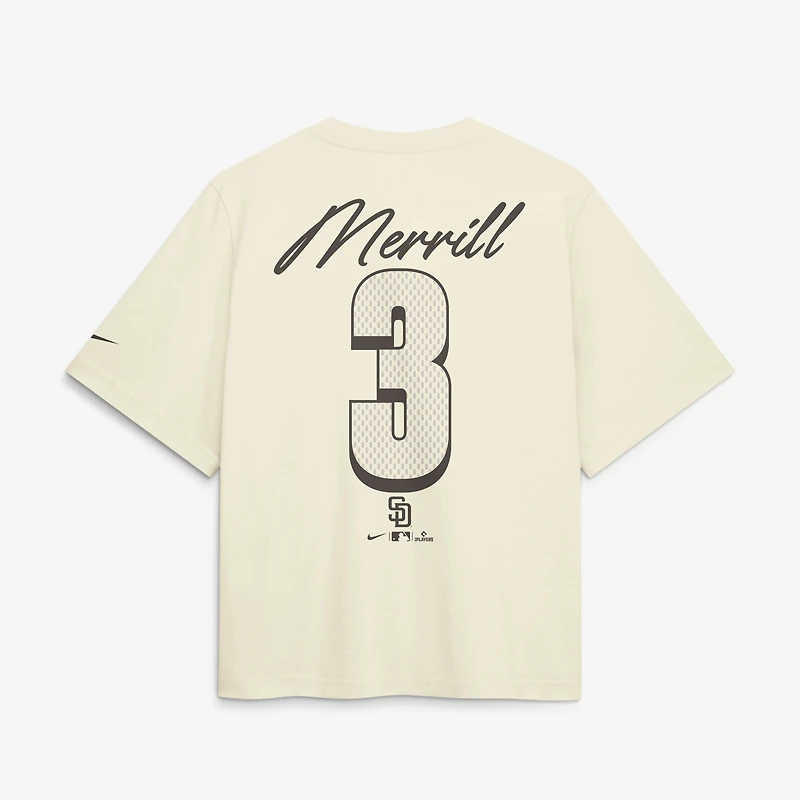 Women's Nike Jackson Merrill Cream San Diego Padres Premium Essentials Boxy Name & Number T-Shirt