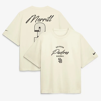 Women's Nike Jackson Merrill Cream San Diego Padres Premium Essentials Boxy Name & Number T-Shirt