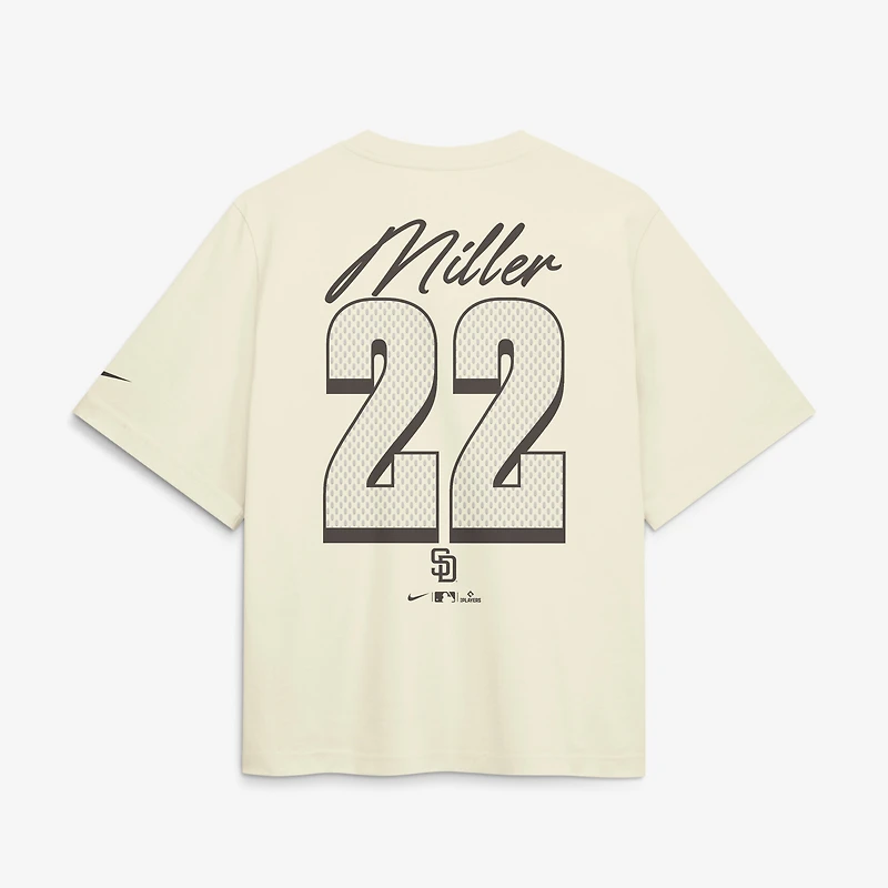 Women's Nike Mason Miller Cream San Diego Padres Premium Essentials Boxy Name & Number T-Shirt