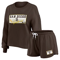Women's WEAR by Erin Andrews Brown San Diego Padres Heavy Rugby Jersey Cropped Long Sleeve T-Shirt & Shorts Lounge Set