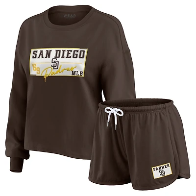 Women's WEAR by Erin Andrews Brown San Diego Padres Heavy Rugby Jersey Cropped Long Sleeve T-Shirt & Shorts Lounge Set