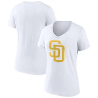 T-shirt blanc à col en V avec logo officiel des Padres de San Diego pour femmes