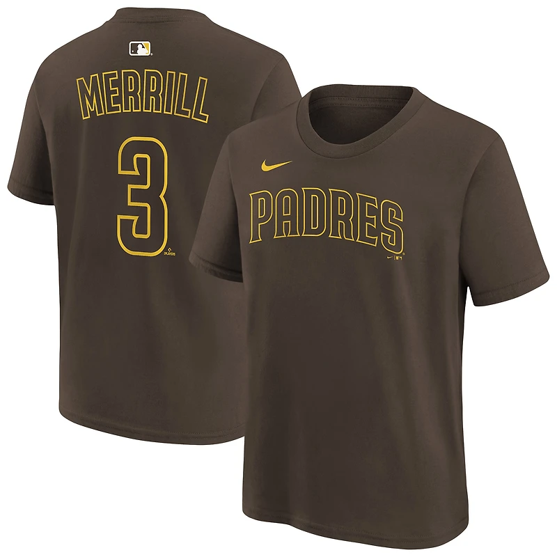 T-shirt Nike pour enfant Jackson Merrill Brown des Padres de San Diego, avec nom et numéro