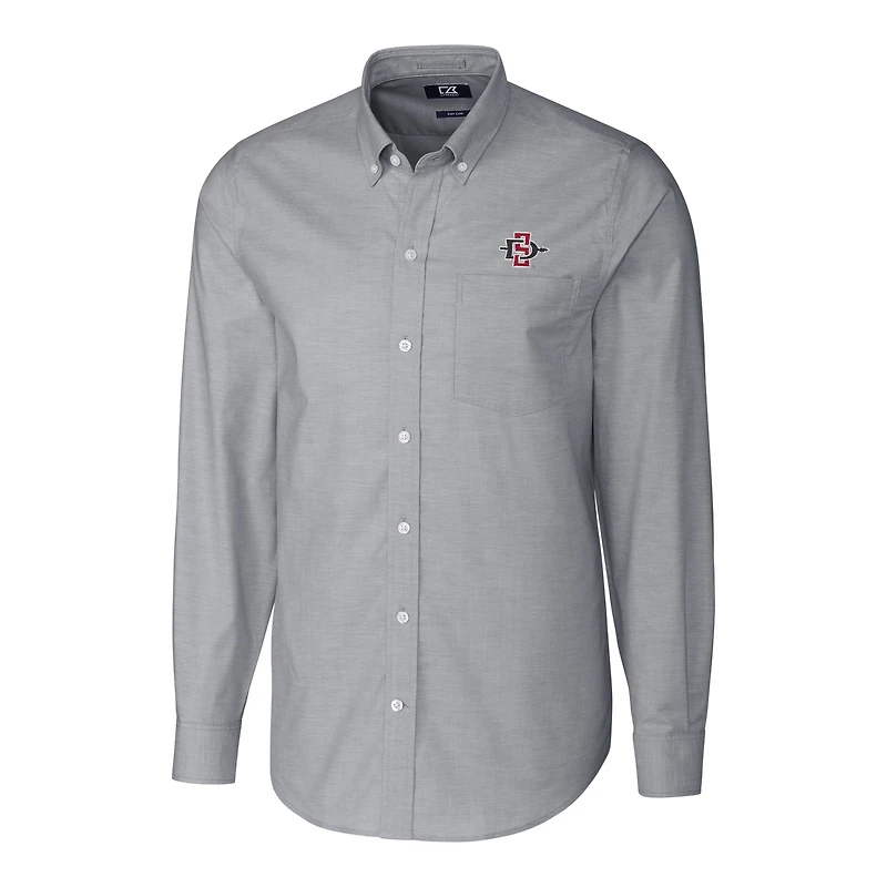 Chemise boutonnée à manches longues pour homme, couleur anthracite, style oxford extensible San Diego State Aztecs, coupe Cutter & Buck, grande taille