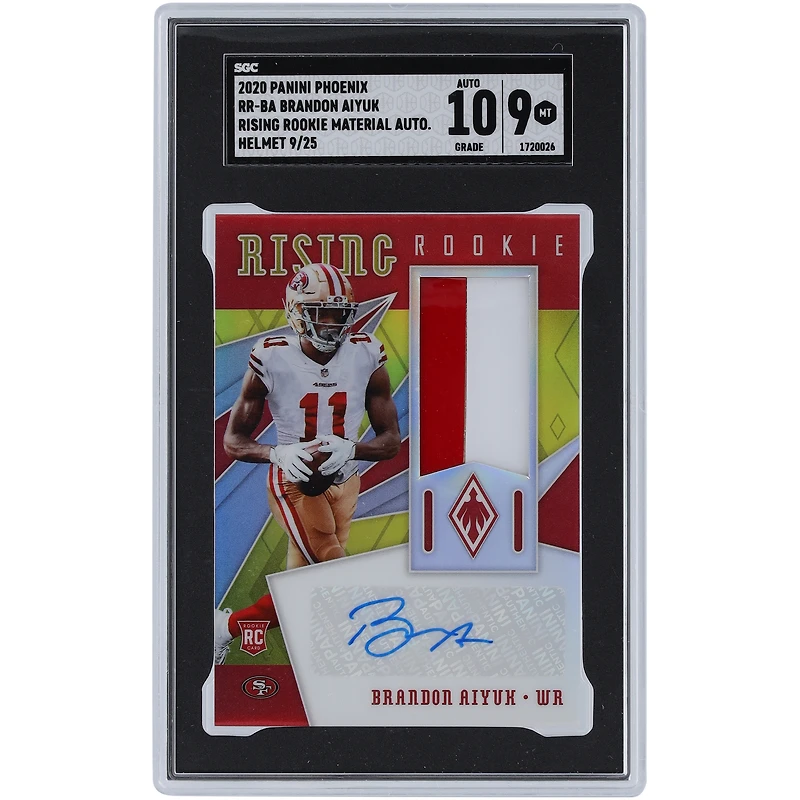Casque Panini Phoenix 2020 autographié par Brandon Aiyuk des 49ers de San Francisco, carte relique 2 couleurs Rising Rookie Materials, autographe n° RR-BA n° 9/25 SGC authentifiée 9/10 Rookie