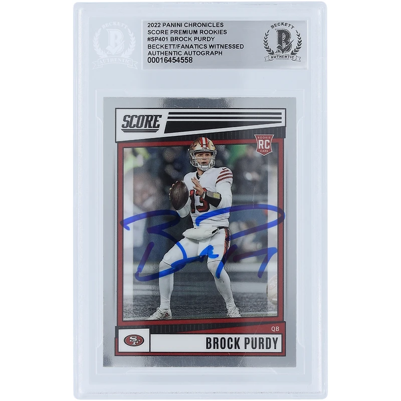 Carte de recrue authentifiée signée Brock Purdy San Francisco 49ers 2022 Panini Chronicles Score Premium Rookies #SP-401 Beckett Fanatics