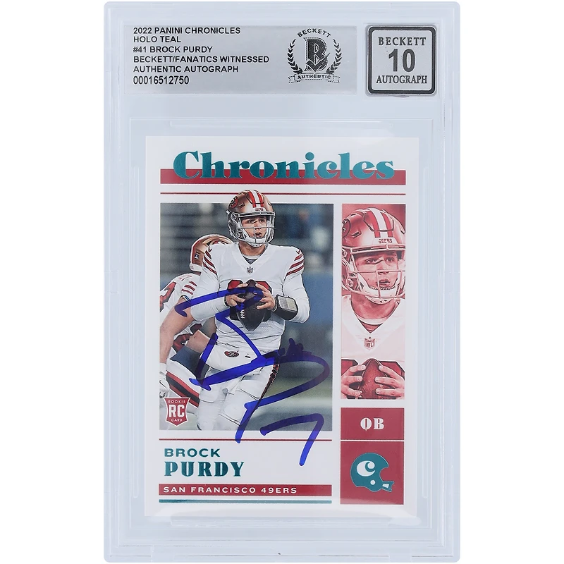 Carte de recrue autographiée 2022 Panini Chronicles Teal #41 Beckett Fanatics Witnessed Authenticated 10 Rookie par Brock Purdy San Francisco 49ers