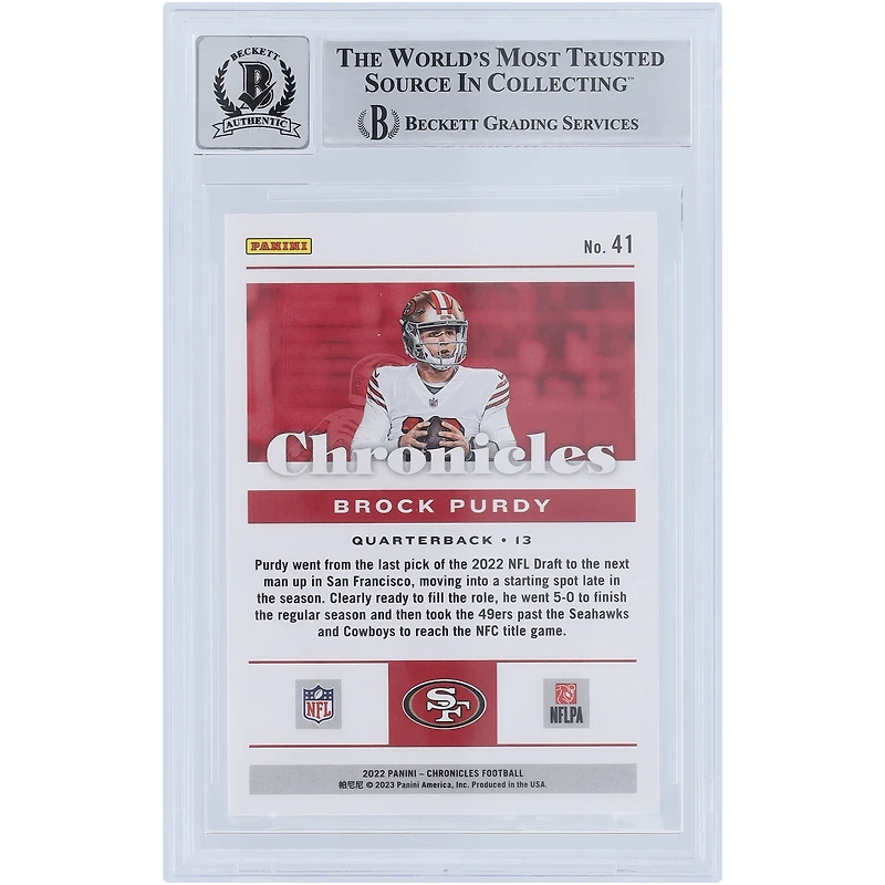 Brock Purdy San Francisco 49ers Autographed 2022 Panini Chronicles Teal #41 Beckett Fanatics Witnessed Authenticated 10 Rookie Card