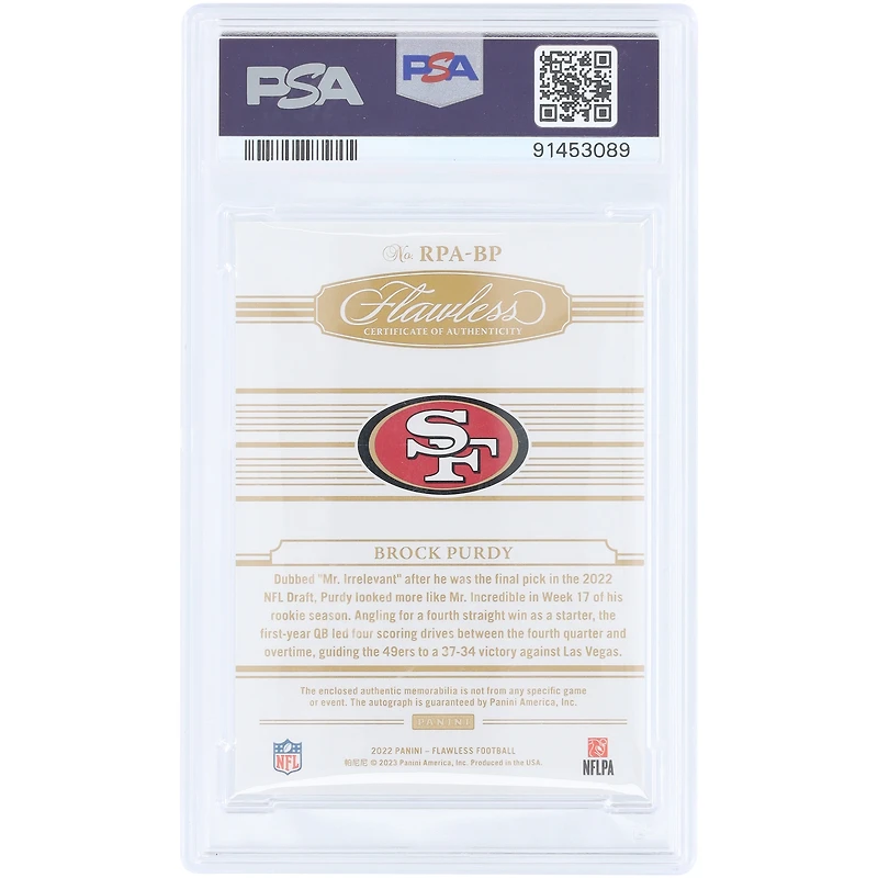 Brock Purdy San Francisco 49ers Autographed 2022 Panini Flawless Dual-Color RPA Silver #RPA-BP #14/20 PSA Authenticated 9/10 Rookie Card