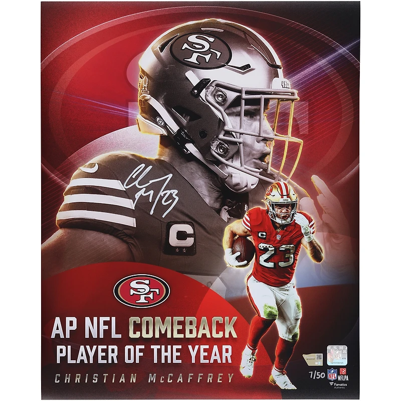 Photo collage autographiée de Christian McCaffrey (49ers de San Francisco), format 40 x 50 cm, récompensant le joueur de retour de l'année 2025 en NFL - Édition limitée à 50 exemplaires