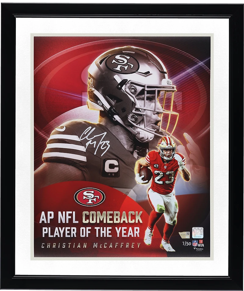 Photo collage autographiée de Christian McCaffrey (49ers de San Francisco), format 40 x 50 cm, récompensant le joueur de retour de l'année 2025 en NFL - Édition limitée à 50 exemplaires