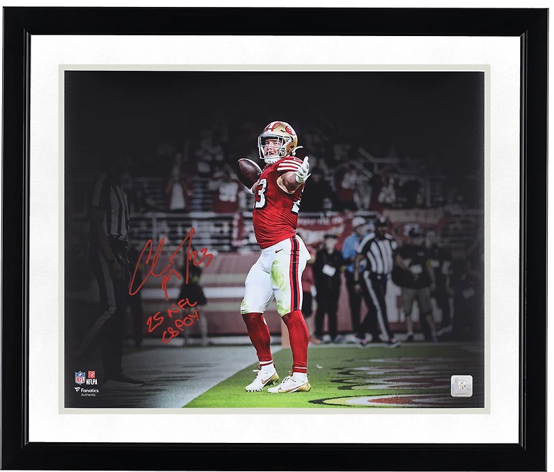 Christian McCaffrey San Francisco 49ers Autographed 16" x 20" Touchdown Celebration Spotlight Photograph with "25 NFL CBPOY" Inscription