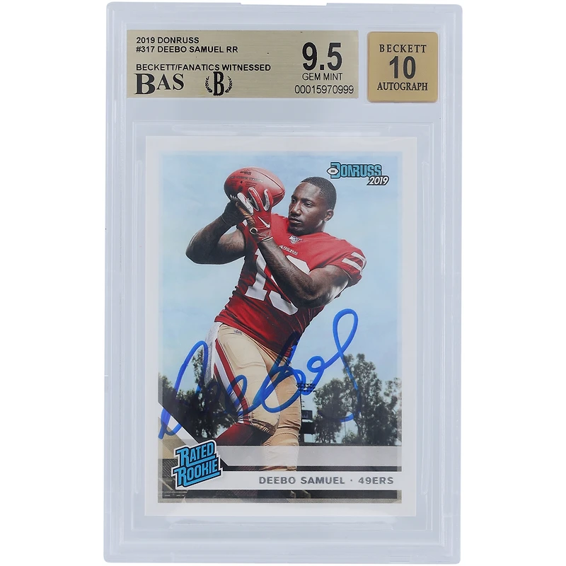 Carte de recrue autographiée Panini Donruss 2019 de Deebo Samuel des San Francisco 49ers, classée Rookie #317 Beckett Fanatics Witnessed Authenticated 9.5/10