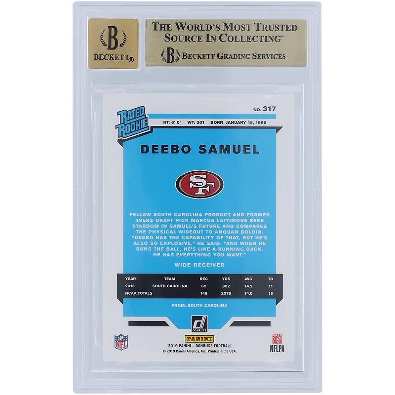 Deebo Samuel San Francisco 49ers Autographed 2019 Panini Donruss Rated Rookie #317 Beckett Fanatics Witnessed Authenticated /10 Rookie Card