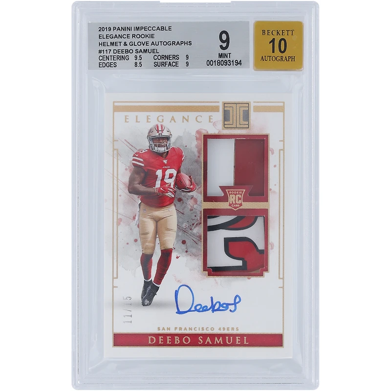 Deebo Samuel San Francisco 49ers Autographed 2019 Panini Impeccable Elegance Rookie Helmet & Glove Dual 3 Color Relics #117 #11/15 BGS Authenticated 9/10 Rookie Card - 9.5,9,8.5,9 Subgrades
