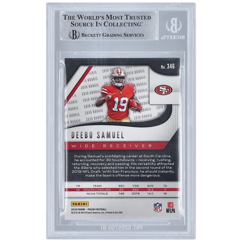 Carte de recrue autographiée de Deebo Samuel (San Francisco 49ers) - Panini Prizm 2019 n° 346, authentifiée par Fanatics Witnessed