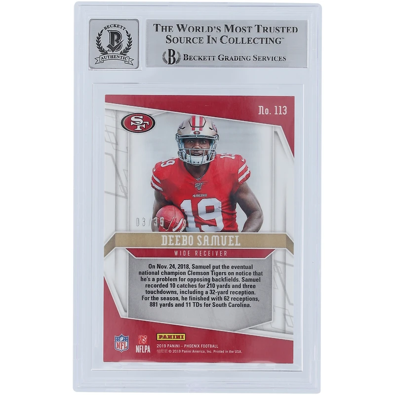 Deebo Samuel Sr San Francisco 49ers Autographed 2019 Panini Phoenix Blue #113 #/35 Beckett Fanatics Witnessed Authenticated 9/10 Rookie Card