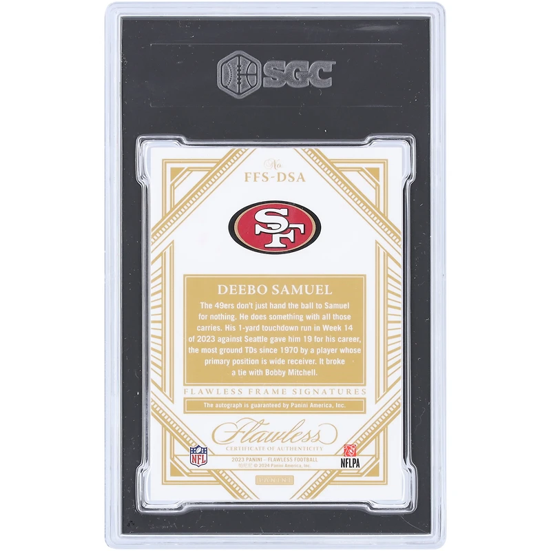 Carte Panini Flawless Silver Flawless Frame Signature #FFS-DSA #20/20 SGC authentifiée 9,5/10 autographiée par Deebo Samuel Sr San Francisco 49ers 2023
