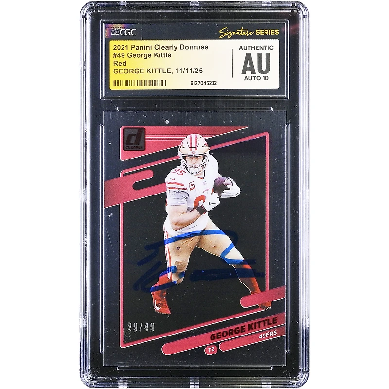 Carte autographiée de George Kittle (San Francisco 49ers) - Panini Clearly Donruss Red 2021, numéro 49, authentifiée CGC Fanatics Witnessed Auto 10.