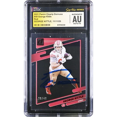 Carte autographiée de George Kittle (San Francisco 49ers) - Panini Clearly Donruss Red 2021, numéro 49, authentifiée CGC Fanatics Witnessed Auto 10.