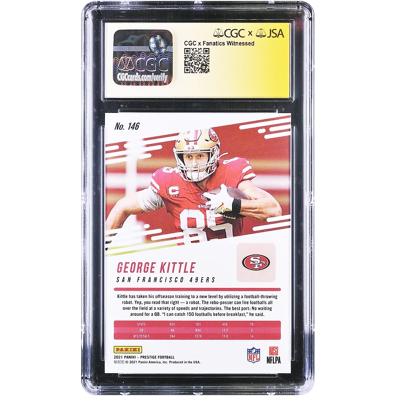 Carte autographiée de George Kittle (San Francisco 49ers), Panini Prestige Xtra Points Premium Blue 2021, n° 146/249, authentifiée par CGC (9,5/10).