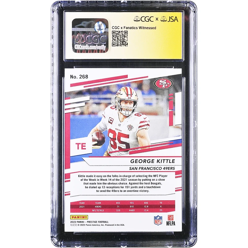 Carte autographiée de George Kittle (San Francisco 49ers) - Panini Prestige Xtra Points violette 2022 n° 268/199 - Authentifiée par CGC Fanatics Witnessed Auto 10