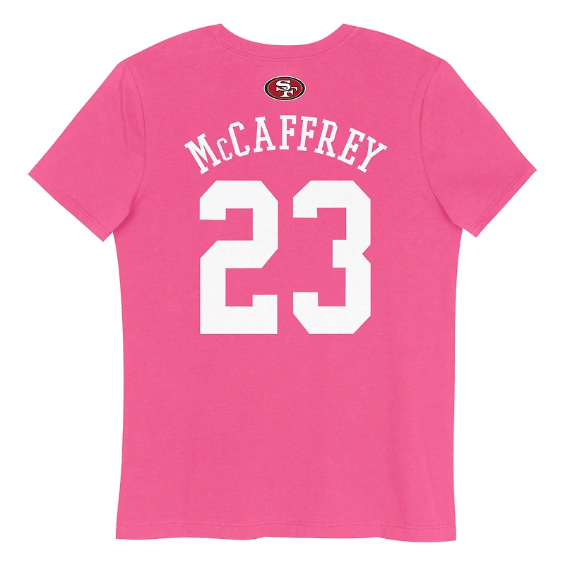 T-shirt rose pour jeunes filles Christian McCaffrey avec nom et numéro de joueur des 49ers San Francisco