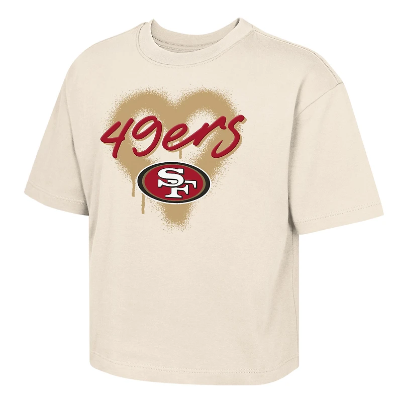 Girls Youth Outerstuff Cream San Francisco 49ers Boxy Spray Heart Puff Print T-Shirt
