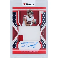 Carte de recrue autographiée par Isaac Guerendo des 49ers de San Francisco, collection Panini National Treasures Stars & Stripes 2024, holographique argentée, patch double couleur, n° 199, n° 21/25