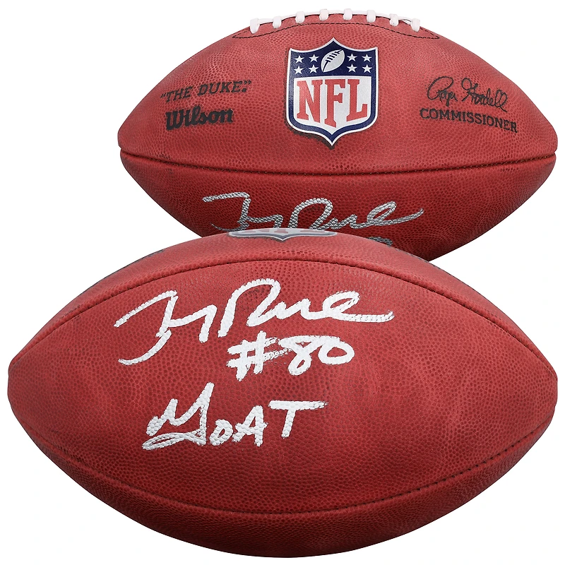 Ballon de football américain Duke en couleurs, autographié par Jerry Rice (49ers de San Francisco), avec inscription « Goat ».