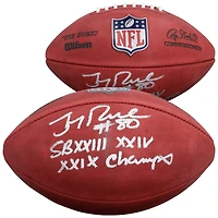 Ballon de football américain Duke en couleurs, autographié par Jerry Rice des 49ers de San Francisco, avec inscription « Champions du Super Bowl XXIII, XXIV et XXIX ».