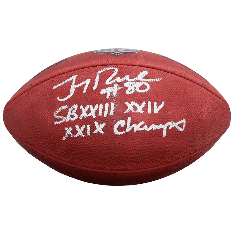 Jerry Rice San Francisco 49ers Autographed Duke Full Color Football with "SB XXIII, XXIV, XXIX Champs" Inscription