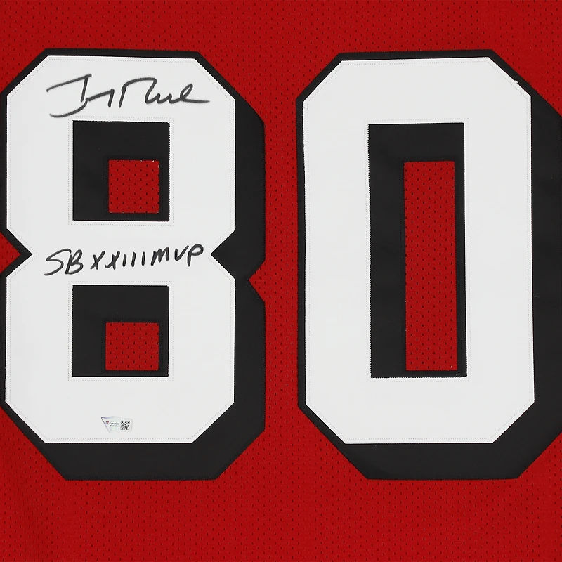 Maillot réplique rouge Mitchell & Ness 1994 autographié par Jerry Rice des 49ers de San Francisco, avec inscription « MVP du Super Bowl XXIII ».