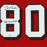 Maillot réplique rouge Mitchell & Ness 1994 autographié par Jerry Rice des 49ers de San Francisco, avec inscription « MVP du Super Bowl XXIII ».