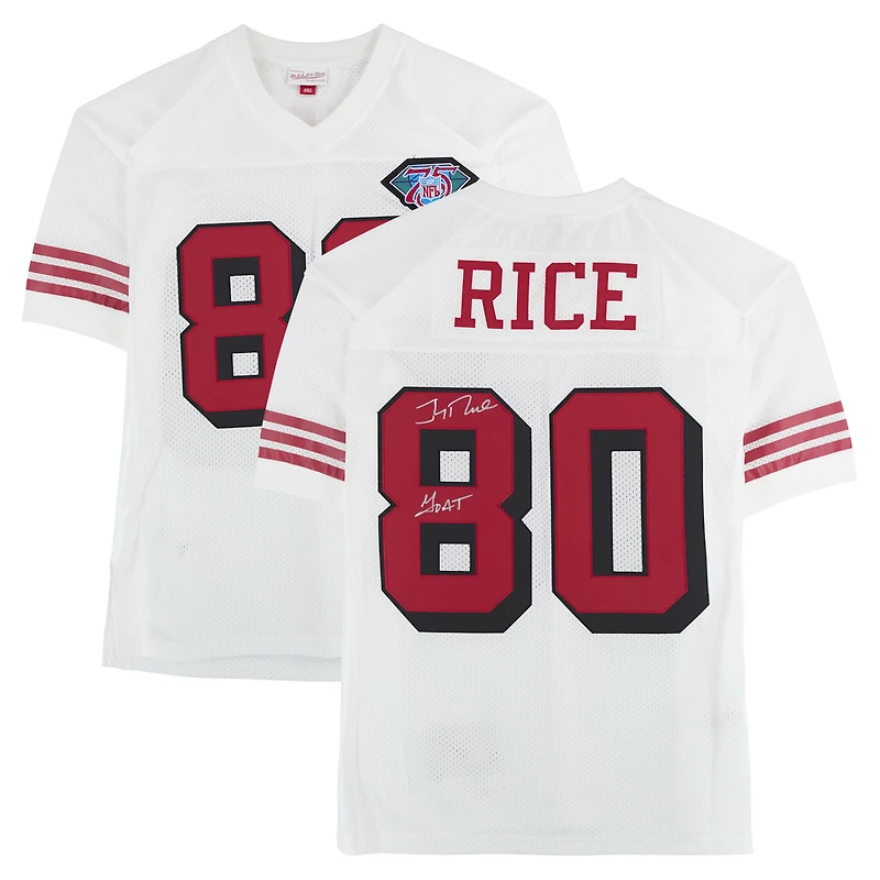 Jerry Rice San Francisco 49ers Autographed Mitchell and Ness White Authentic Jersey with "GOAT" Inscription 