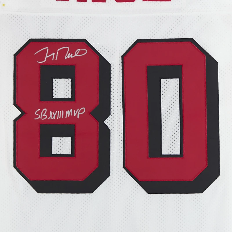 Maillot authentique blanc autographié par Jerry Rice des San Francisco 49ers, Mitchell et Ness, avec inscription « SB XXIII MVP ».