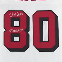 Maillot authentique blanc autographié par Jerry Rice des San Francisco 49ers, Mitchell et Ness, avec inscription « SB XXIII MVP ».