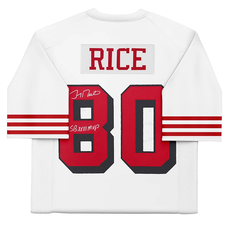 Maillot authentique blanc autographié par Jerry Rice des San Francisco 49ers, Mitchell et Ness, avec inscription « SB XXIII MVP ».
