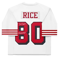 Maillot authentique blanc autographié par Jerry Rice des San Francisco 49ers, Mitchell et Ness, avec inscription « SB XXIII MVP ».