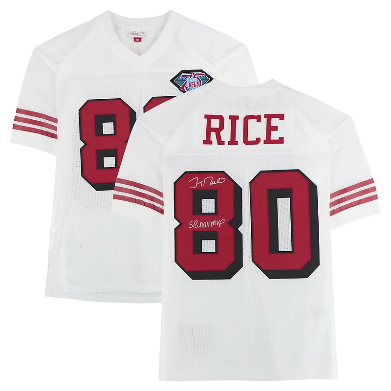 Maillot authentique blanc autographié par Jerry Rice des San Francisco 49ers, Mitchell et Ness, avec inscription « SB XXIII MVP ».